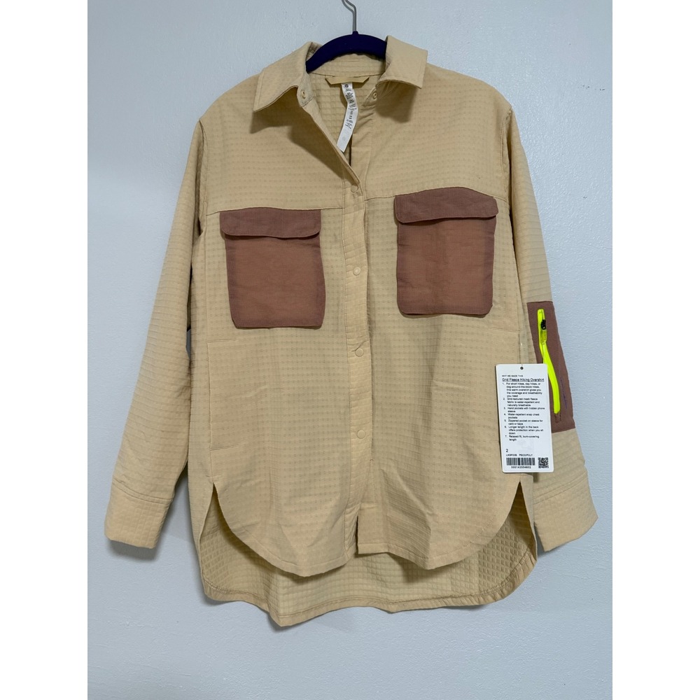 Lululemon Grid Fleece Hiking Overshirt Beige Yellow Zip Pockets Relaxed Fit Sz 2
